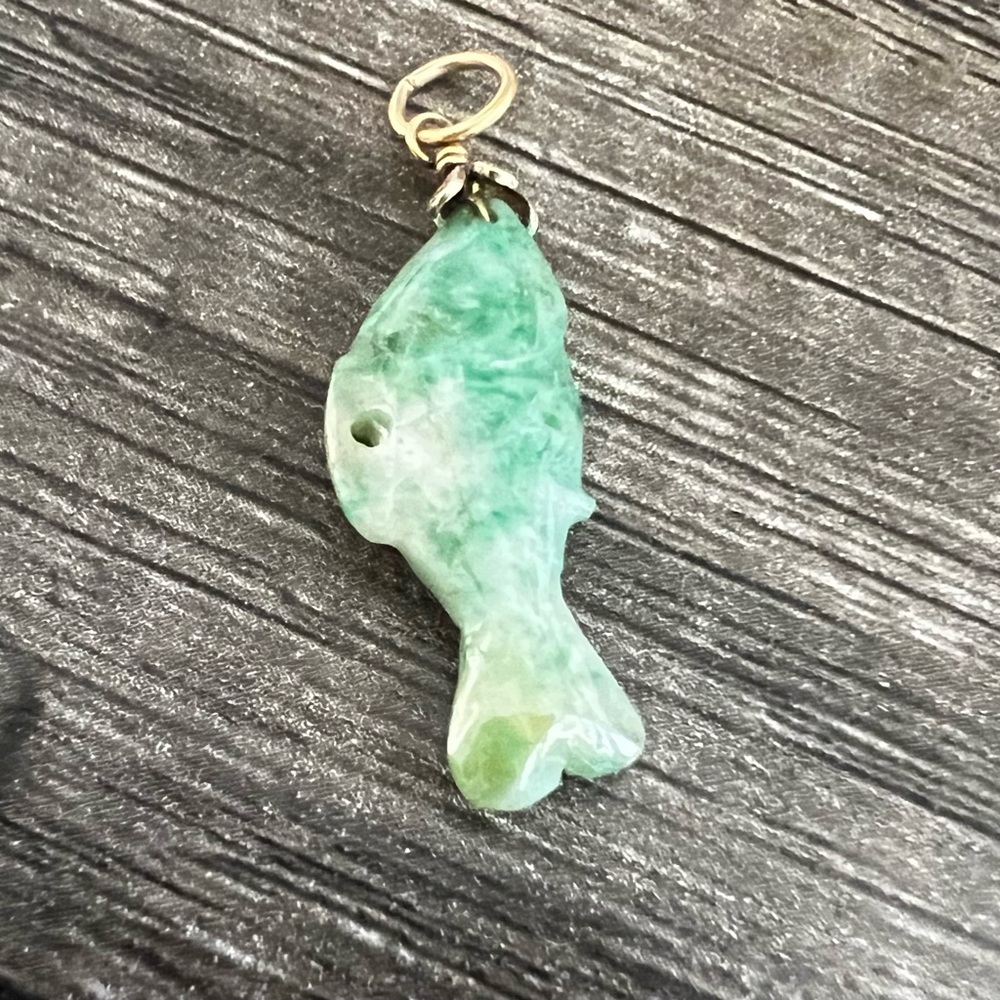 Vintage Green Jade & Gold Fish Pendant